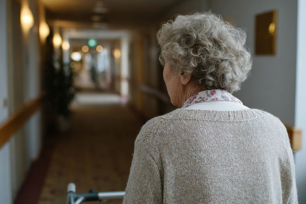 Senior woman in nursing home hallway Senior woman walking alone down a nursing home corridor, representing vulnerable residents at risk of neglect