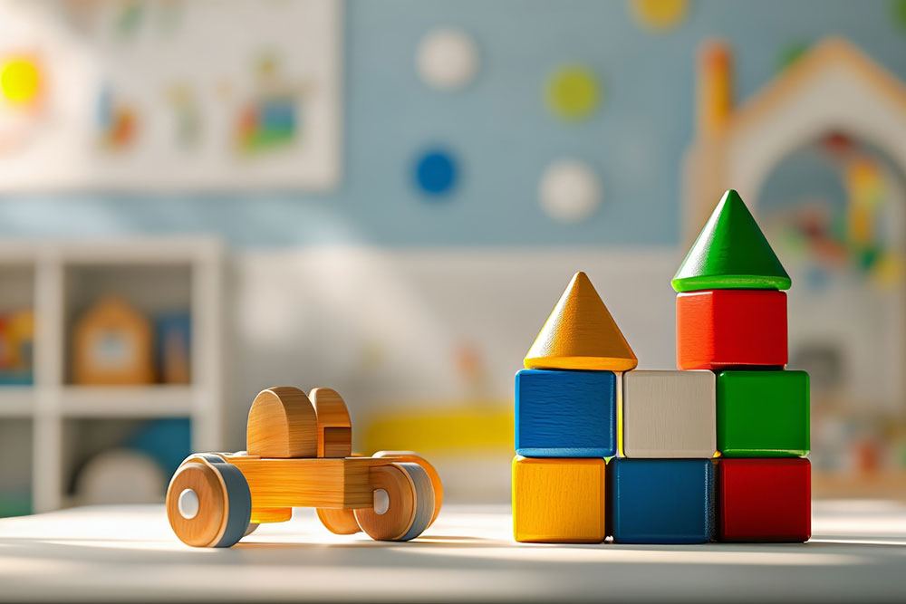 Wooden toy car and blocks in daycare Wooden toy car and colorful block tower on a daycare table, representing the need for safe, non-defective children’s toys and furniture